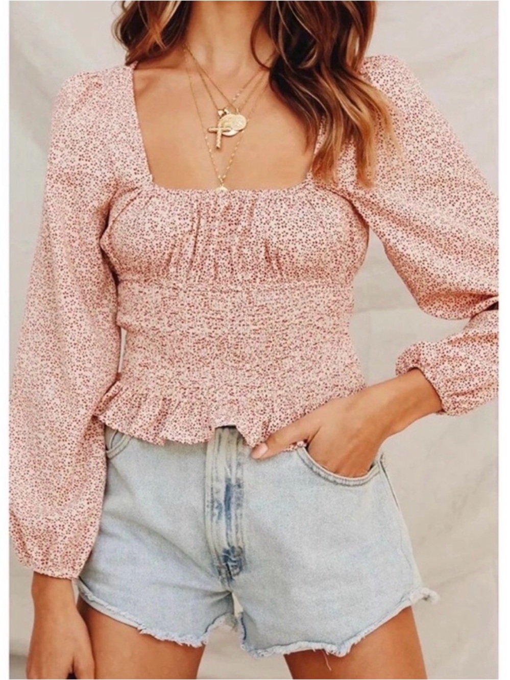 NLW Current Fashions - Boho Red White Spotted Smocked Top